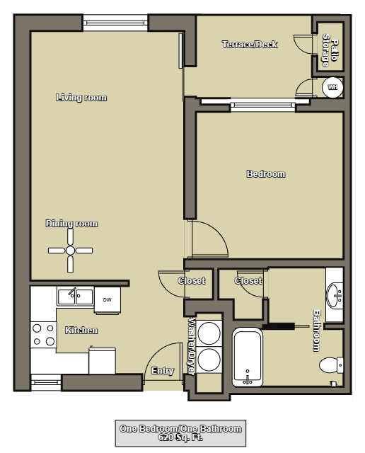 Floor plan for 1 bed, 1 bath, 620 sqft